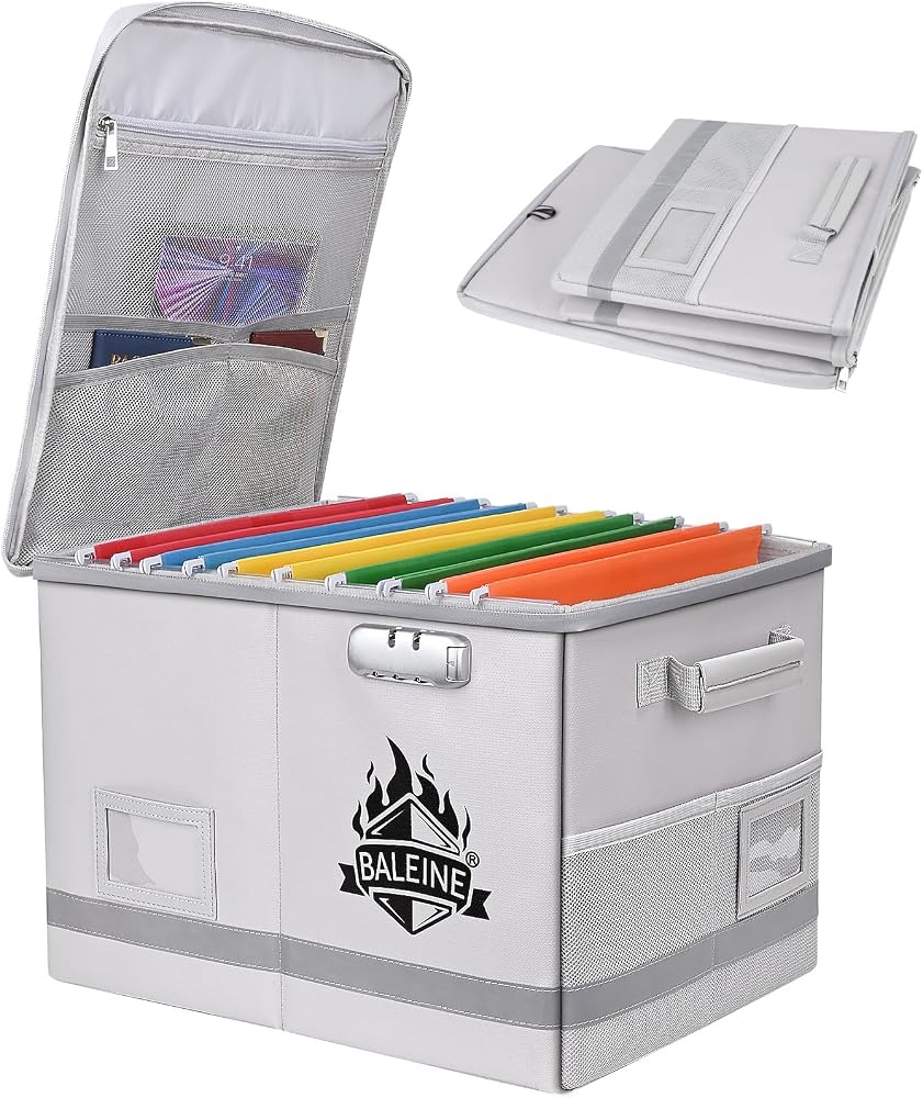 BALEINE Fireproof Document Box with Lock, Portable Fireproof Document Bag Waterproof Fire Proof File Boxes for Documents, File Organizer Box for Important Paperwork (Sliver, 16''x12.5''x11.5'')