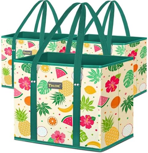 BALEINE 3PK Reusable Grocery Bags, Heavy Duty Shopping Tote Bag — Hawaiian Brunch
