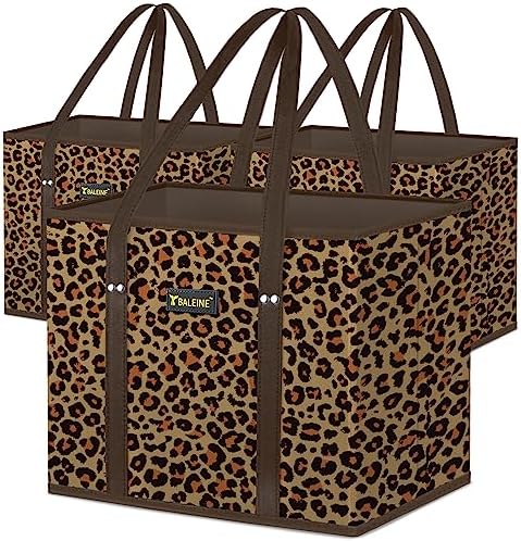 BALEINE 3PK Reusable Grocery Bags, Heavy Duty Shopping Tote Bag — Leopard